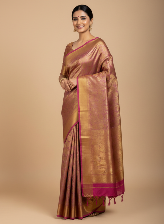 GOLDEN MAROON SOFT TISSUE SILK SAREE WITH INTRICATE GOLDEN WEAVES