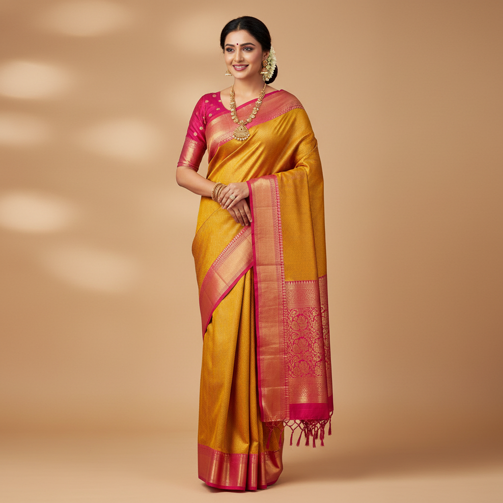 GOLDEN SOFT TISSUE SILK SAREE WITH EMBROIDERED ZARI BORDER