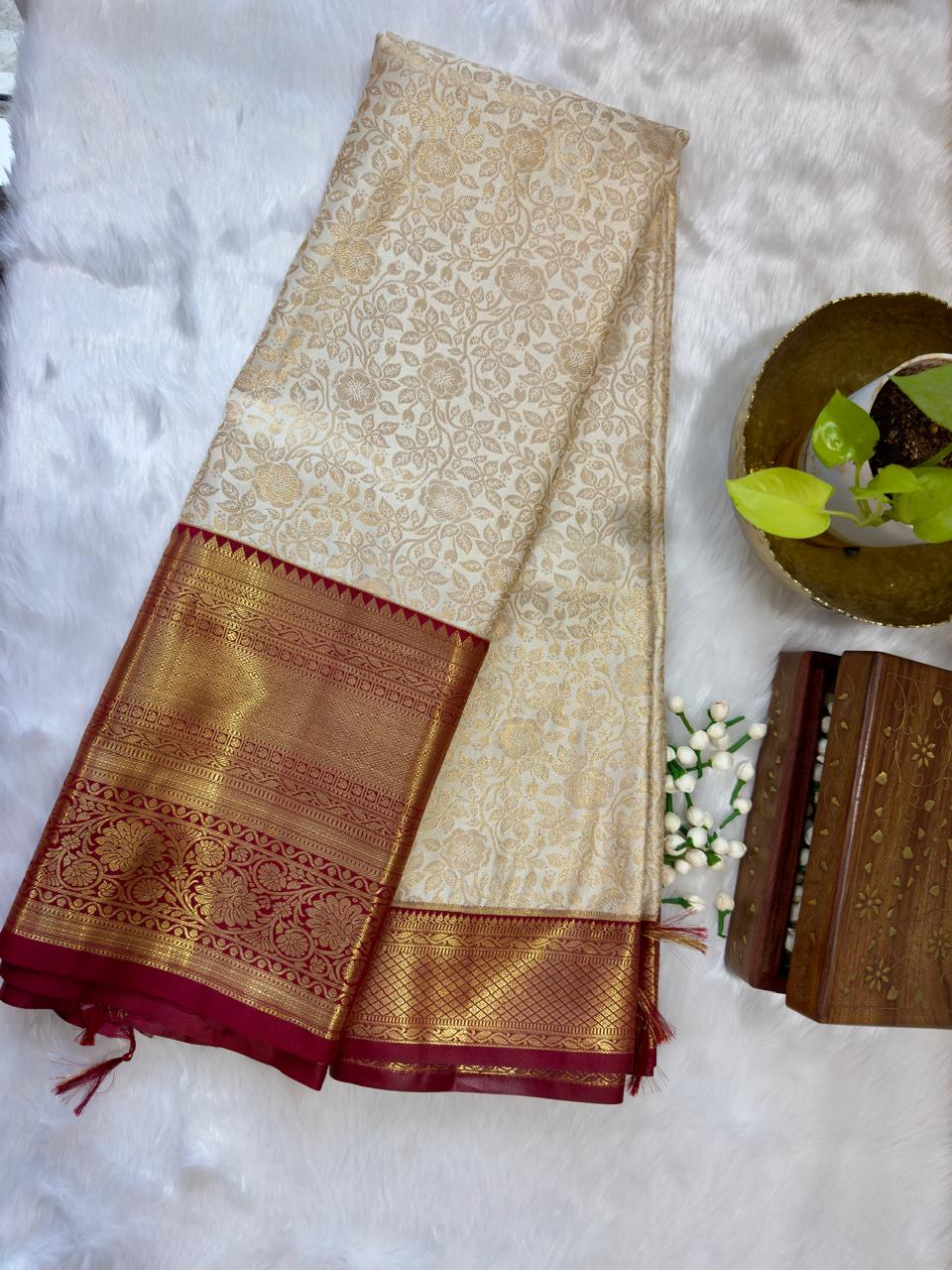 HALF WHITE + MAROON BIG BORDER SOFT SILK SAREE