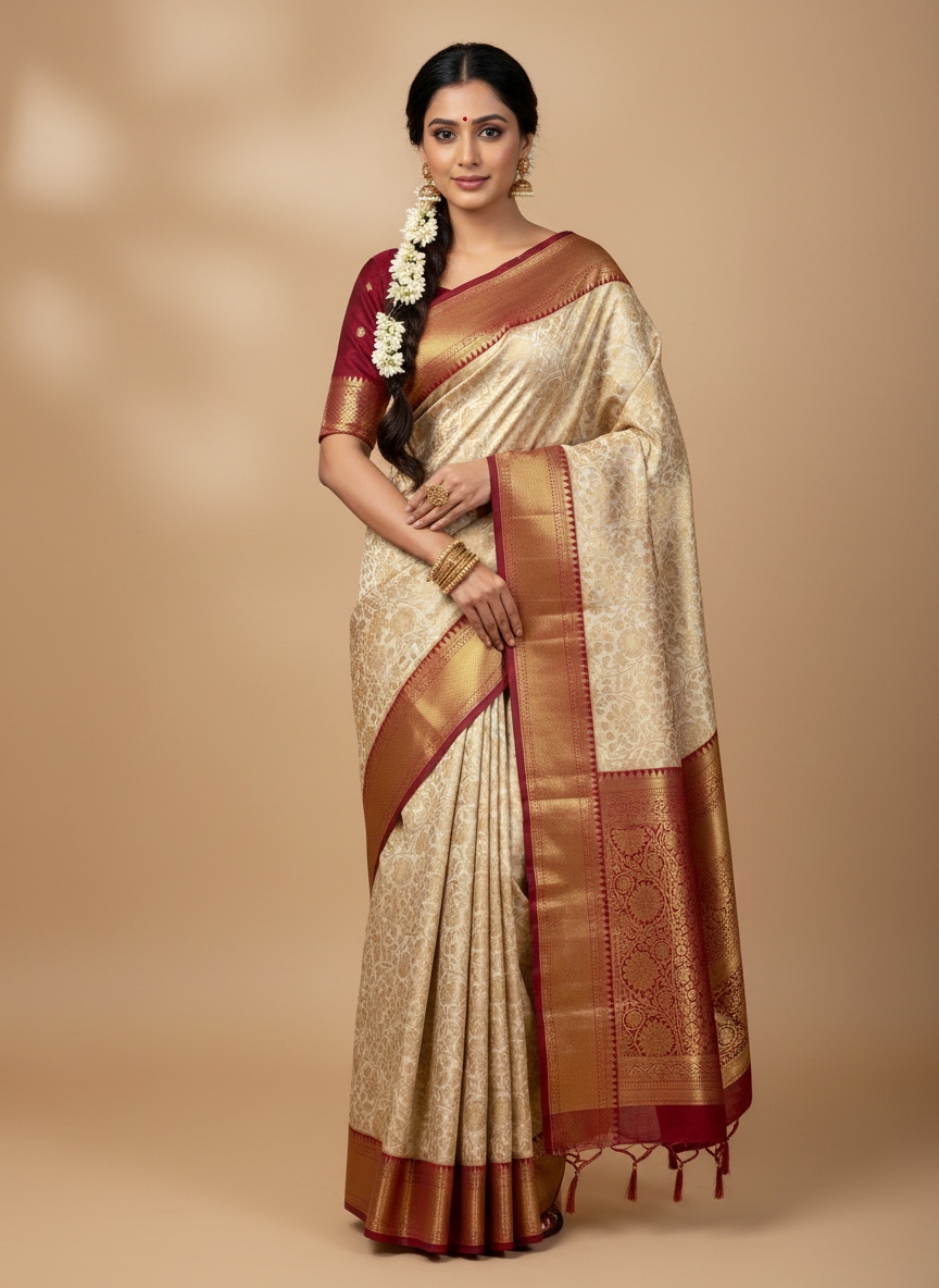 HALF WHITE + MAROON BIG BORDER SOFT SILK SAREE