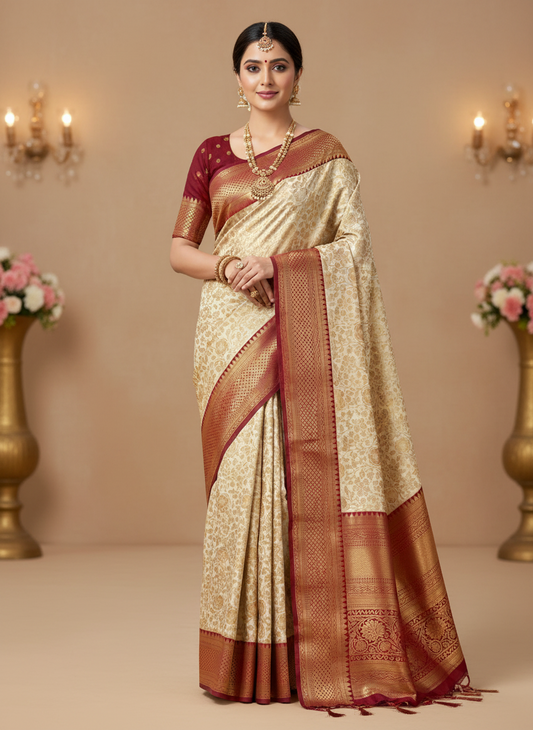 HALF WHITE + MAROON BIG BORDER SOFT SILK SAREE