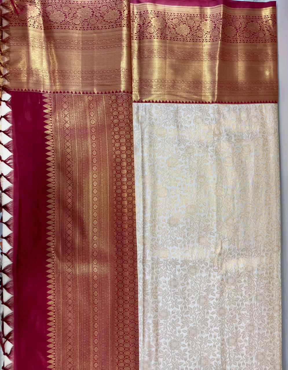 HALF WHITE + MAROON BIG BORDER SOFT SILK SAREE
