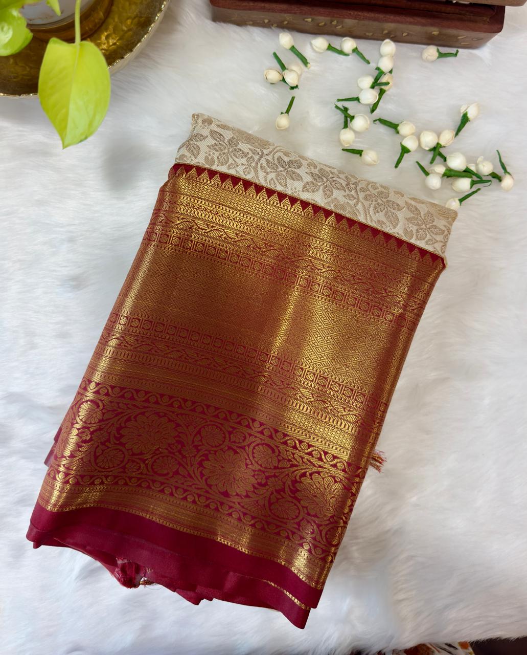 HALF WHITE + MAROON BIG BORDER SOFT SILK SAREE