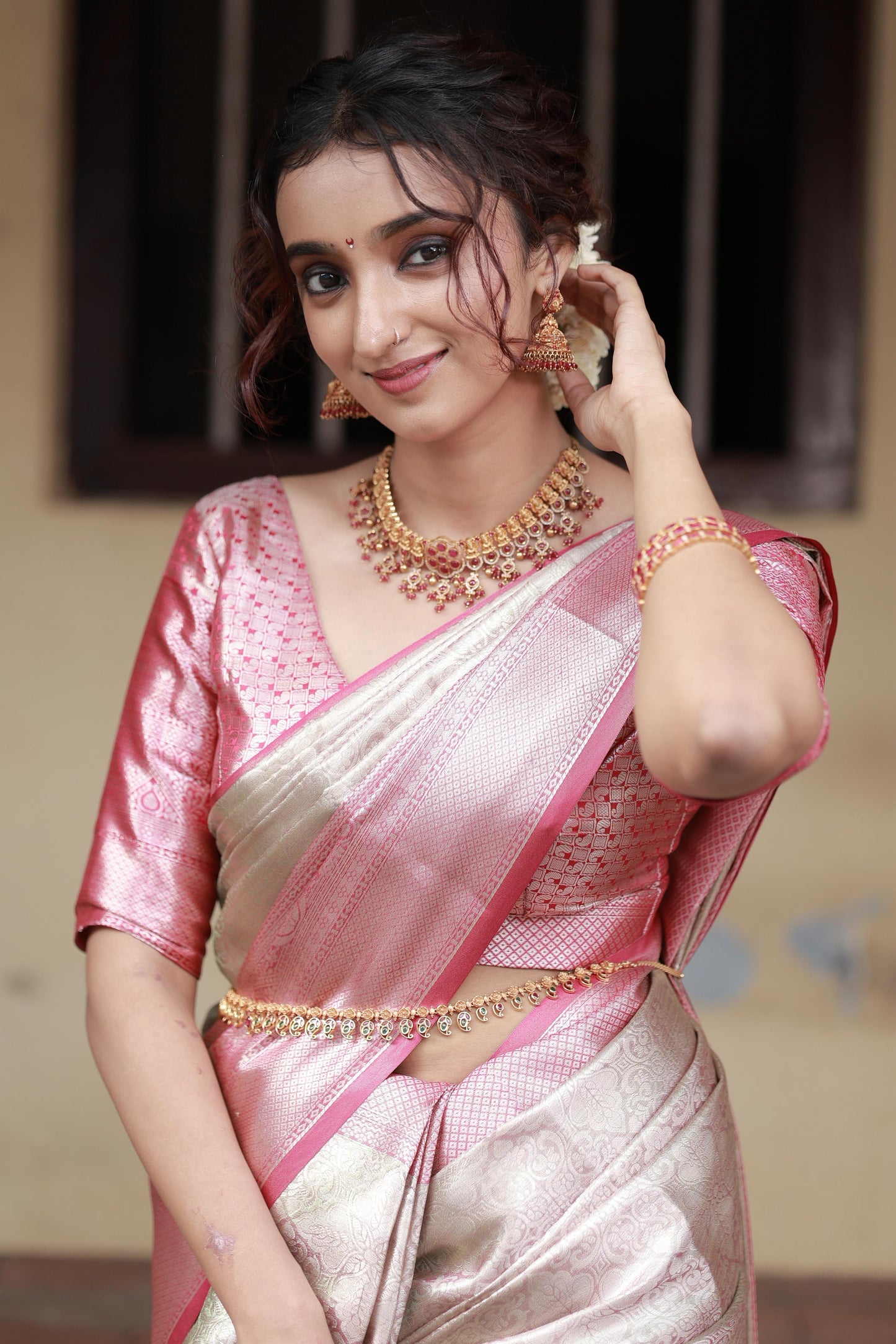 SILVER DARK PINK SOFT SILK SAREE WITH RICH BIG BORDER