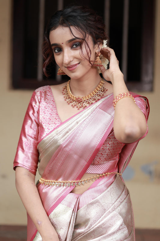 SILVER DARK PINK SOFT SILK SAREE WITH RICH BIG BORDER