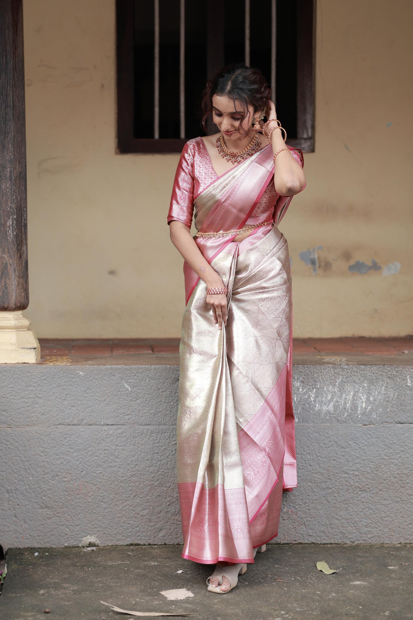 SILVER DARK PINK SOFT SILK SAREE WITH RICH BIG BORDER
