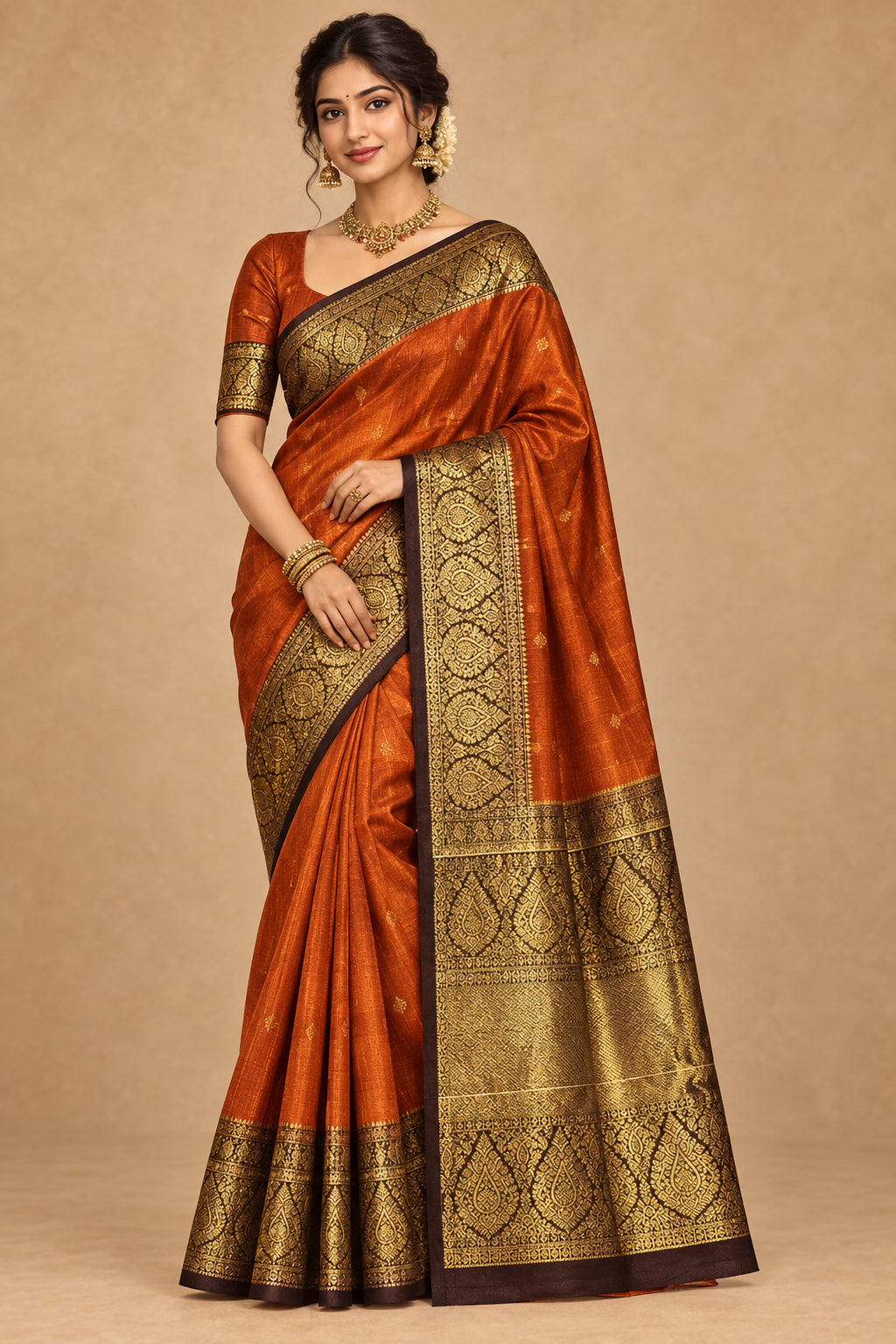 Handloom Pure Silk Saree - Rust Orange & Brown