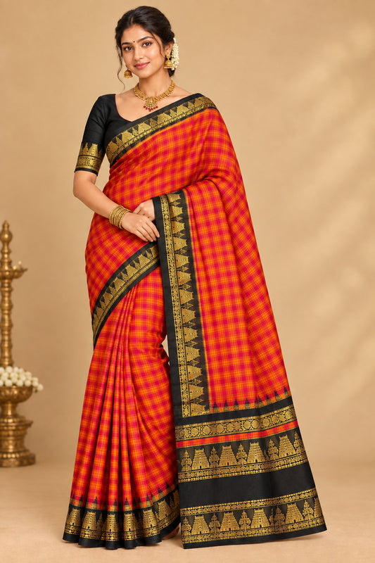 Handloom Pure Silk Saree - Orange & Black