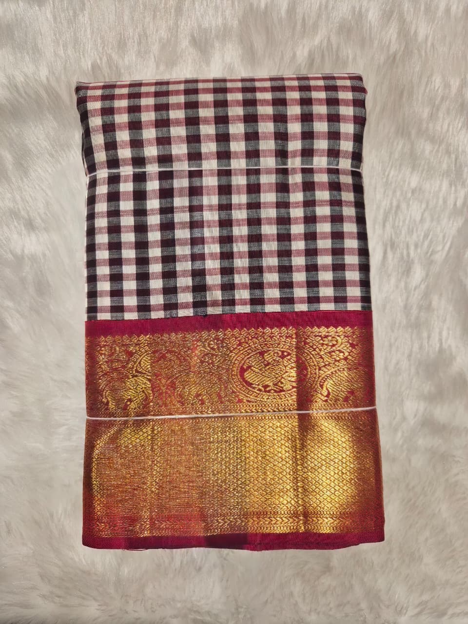 Handloom Pure Silk Saree - White & Red Chex
