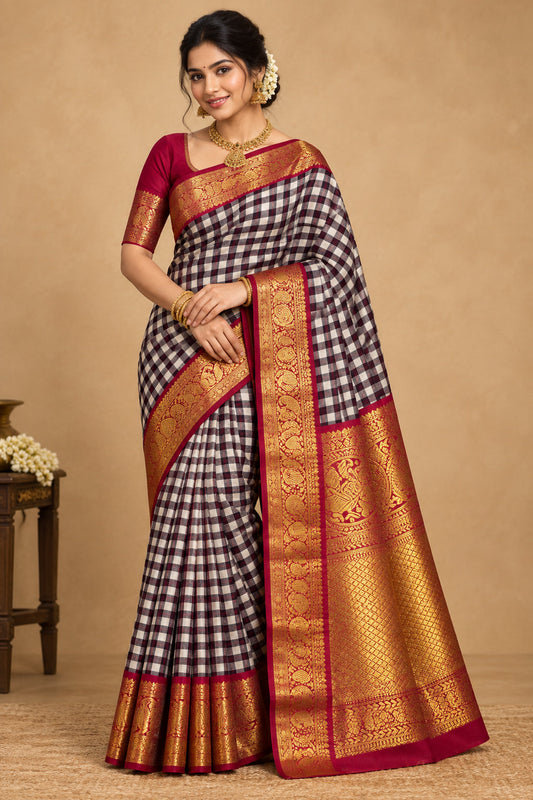Handloom Pure Silk Saree - White & Red Chex