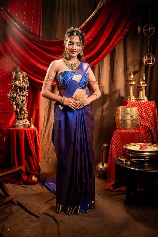 HANDWOVEN PURE SILK ROYAL BLUE WITH SMALL BORDER AND DEER MOTIFS